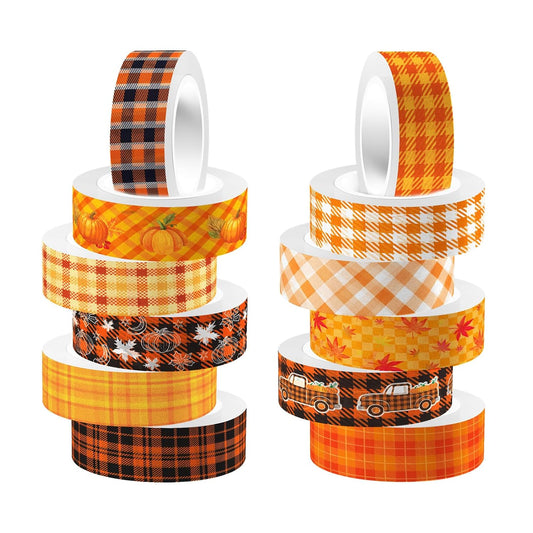 12 Rolls Autumn Washi Tape Set - Thanksgiving Theme Grid Pumpkin Maple Fall Decorative Tape for Bullet Journal, Scrapbooking, Planner, DIY Wrapping Crafts 16.4FT