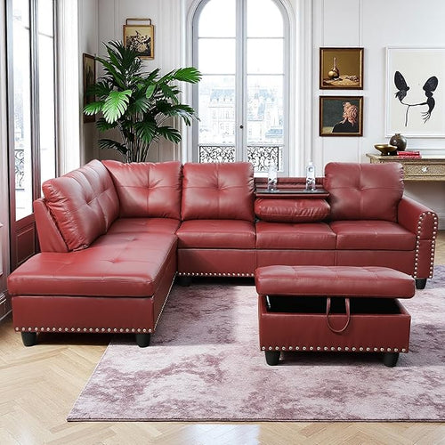97.5" Red L Shaped Couch Set Leather, Modular Sectional Couches by Topcomfy