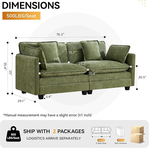 76'' Cloud Deep Seat Loveseat, Upholstered Chenille Modular 2-Seats Sectional - Image 2