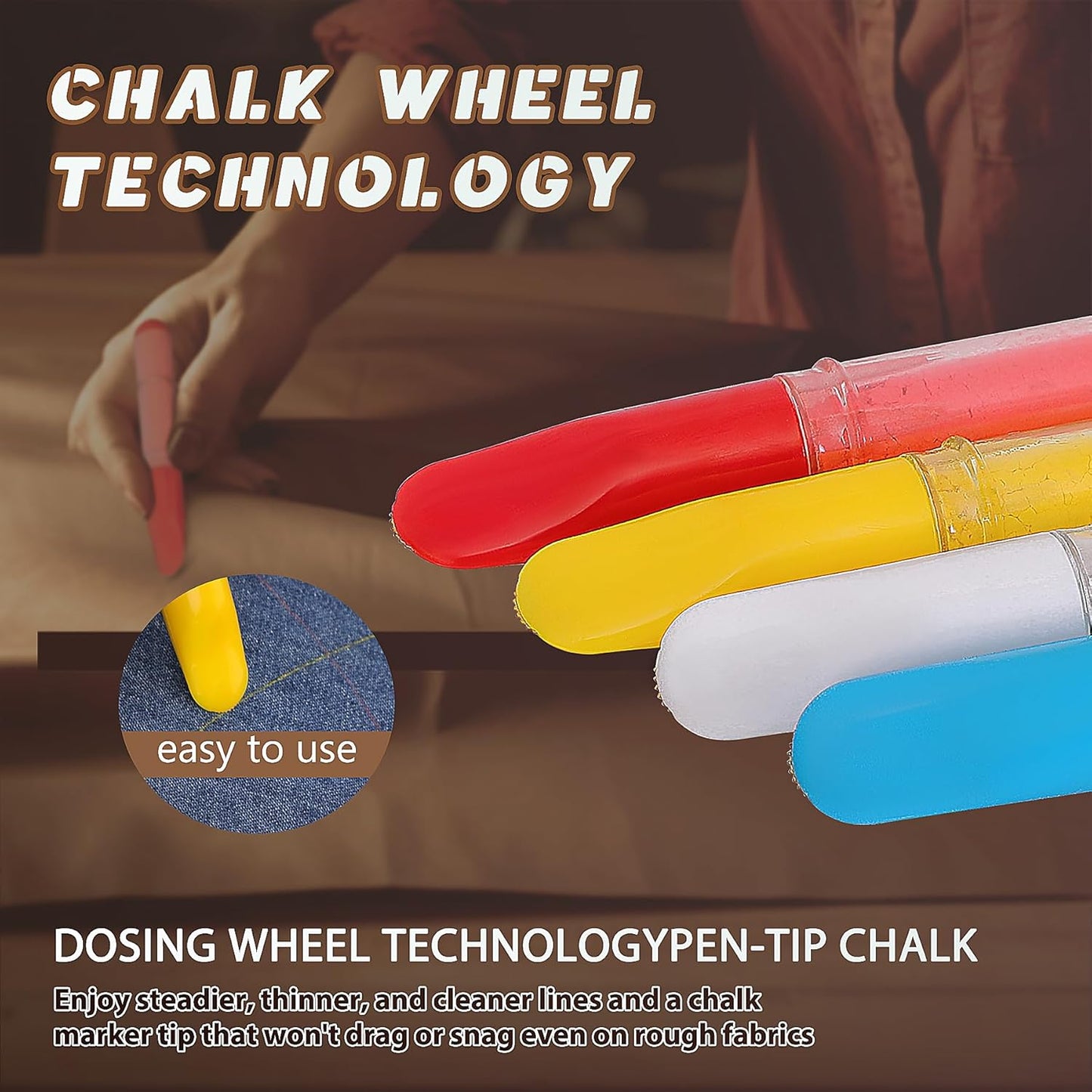 Fabric Chalk Markers for Sewing,Quilting,Crafting|Erasable Tailor Chalk|Work on Various Fabrics|Dosing Wheel Drawing Precise Line(2pk Red,White professional tailors chalks pencil&1Ruler)