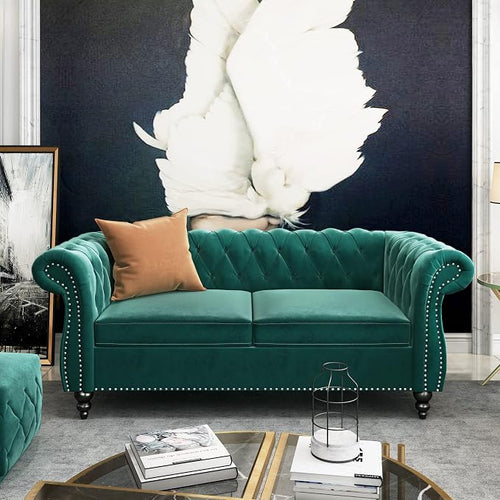 2 Piece Living Room Set, Velvet Chesterfield Sofa Loveseat Couch Chair - Image 2