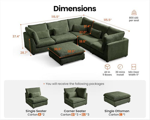 115" Oversized Corduroy Couch Modular Sectional Sofa, Washable Cloud Couch - Image 2