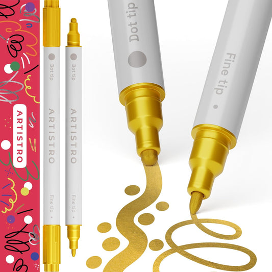 ARTISTRO 2 Gold Dual-Tip Acrylic Paint Pens - Multisurface Markers for Glass, Rock, Fabric, Wood, Plastic & More - 5mm Dot + 1mm Fine Tips