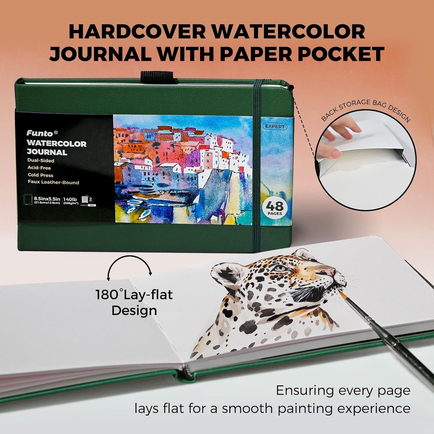 Funto Watercolor Journal, 8.5x5.5, 2 Pack, 48 Pages Each, Green Leather Cover, Cold-Pressed, Inner Paper Pocket, Art Supplies for Mixed Media