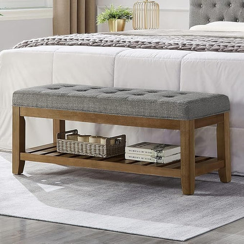 24KF Large Rectangular Upholstered Tufted Linen Fabric Ottoman Bench, Padded by WEMARTHOMEDECOR