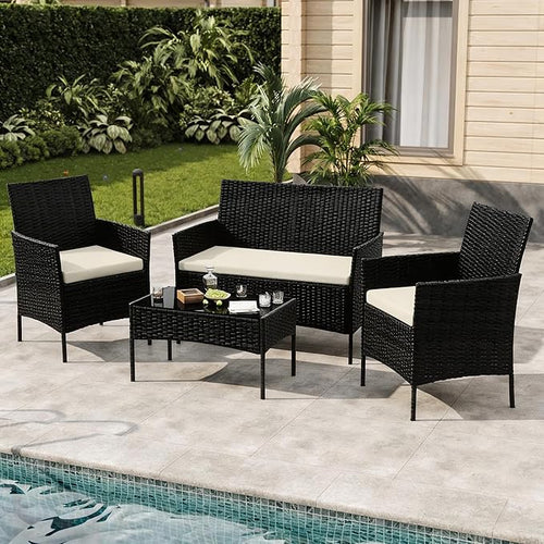 4-Piece Outdoor Furniture Set, PE Rattan Wicker Chairs by Unknown
