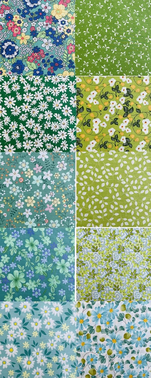 HANPATQUI 50PCS 12 x 12 inch Green Printed 100% Cotton Fat Quarters Fabric for Sewing and Quilting Bundles Precut Fabric Square for DIY Craft Patchwork