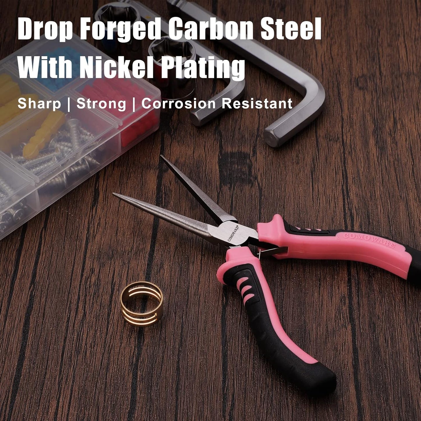 COMOWARE 6-Piece Mini Pliers Set, Needle Nose, Long Nose, Bent Nose, Diagonal, End Cutting and Linesman, for Crafts Work, Electronic Repair, with Pink Pouch