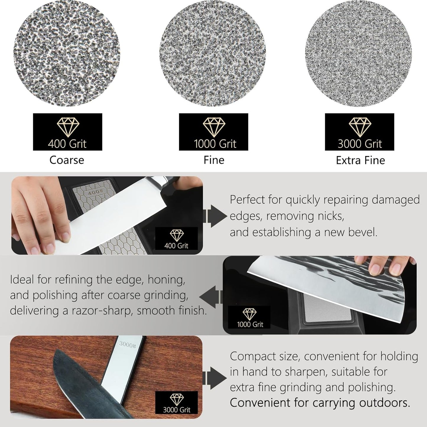 Diamond Sharpening Stone Set, Knife Sharpener Stone, Double-sided Coarse 400 / Fine 1000# | Extra Fine 3000 Grit, 2 Sizes Whetstone Tool with Non-Slip Base, Diamond Plate Honing Stone, Hone Sharpener