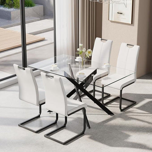 5-Piece Dining Table Set for 4, Modern Rectangular Glass Table by KATBOCFurniture