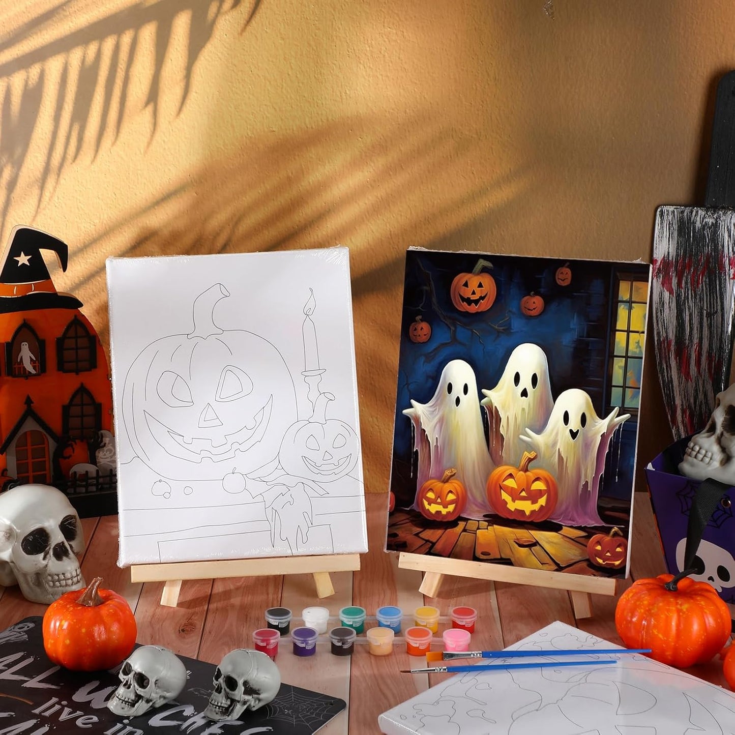 Zhanmai 12 Pack Pre Drawn Canvas for Painting Sip and Paint Kit 8" x 10" Paint Party Set Canvas Painting Pre Printed Canvases for Party Favor DIY Virtual Adult's Date Night(Halloween Pumpkin)