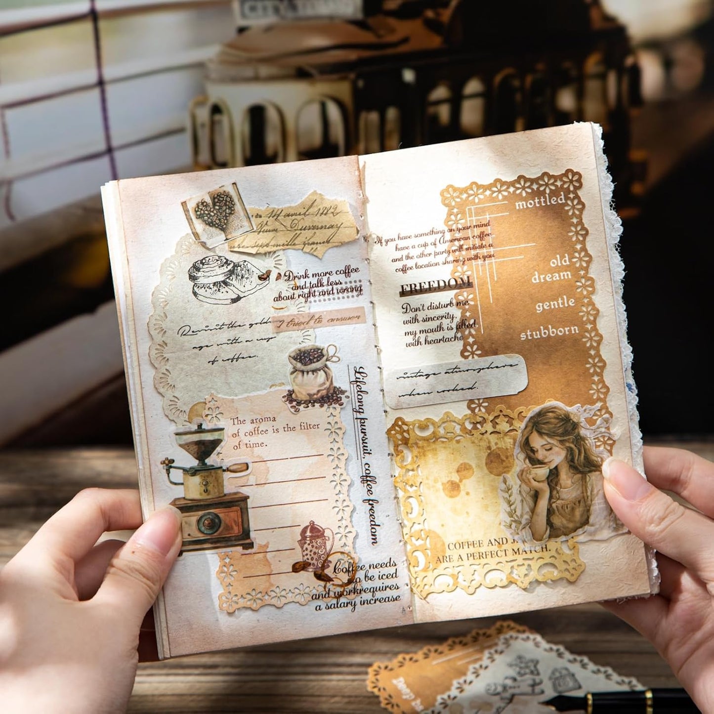 Coffee-Themed Lace Paper Set, 60 PCS Retro Lightweight Journaling Paper for Scrapbooking, DIY Crafts, Card Making, and Planners