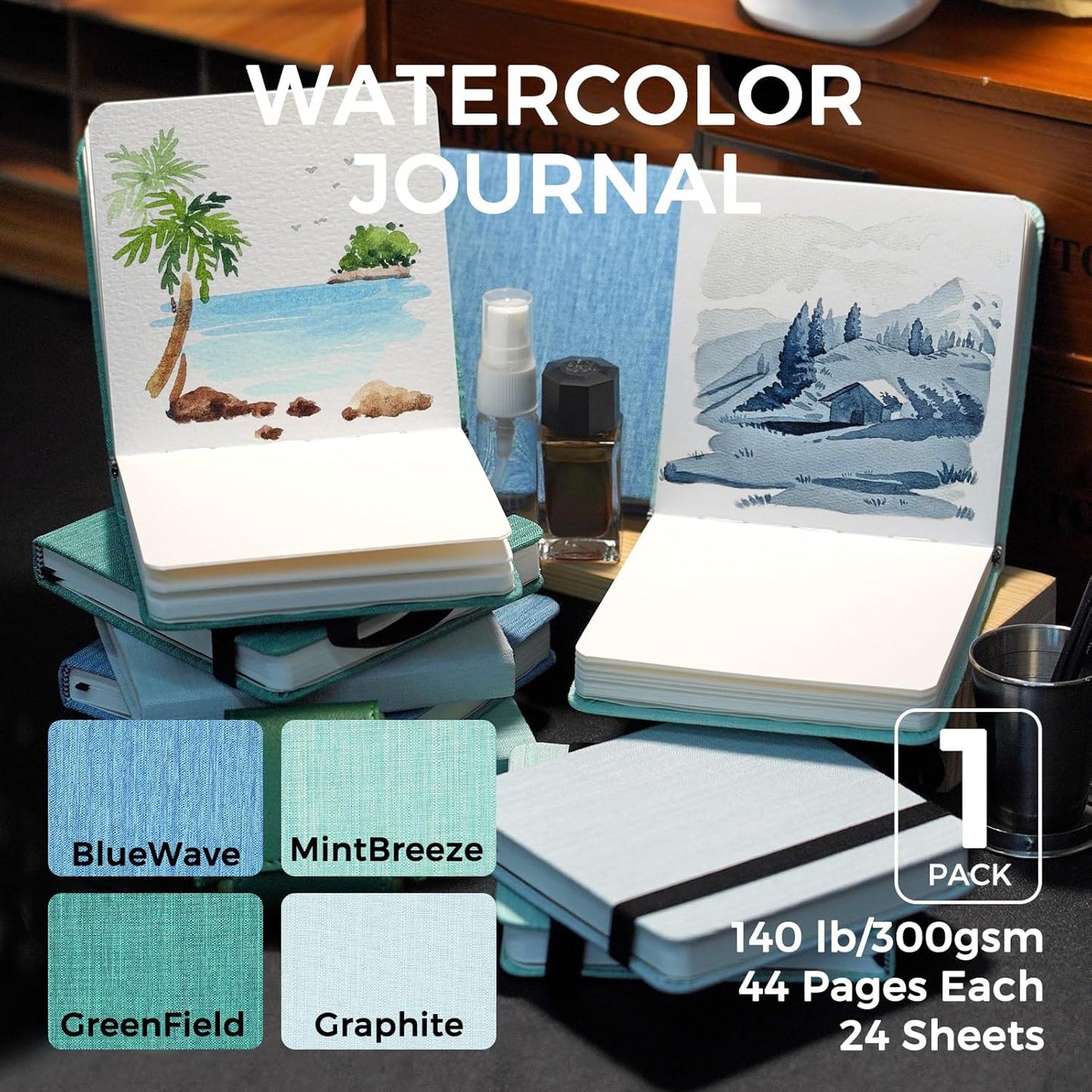 Funto Watercolor Journal, 4.7x4.7, 24 Sheets, 100% Cotton Cold Press, 300gsm/140lb, Inner Paper Pocket, Art Supplies for Mixed Media