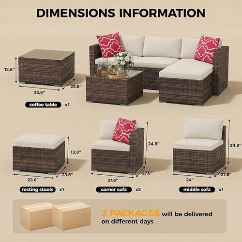 5-Piece Patio Sectional Sofa Set, All-Weather Brown PE Rattan Outdoor - Image 2