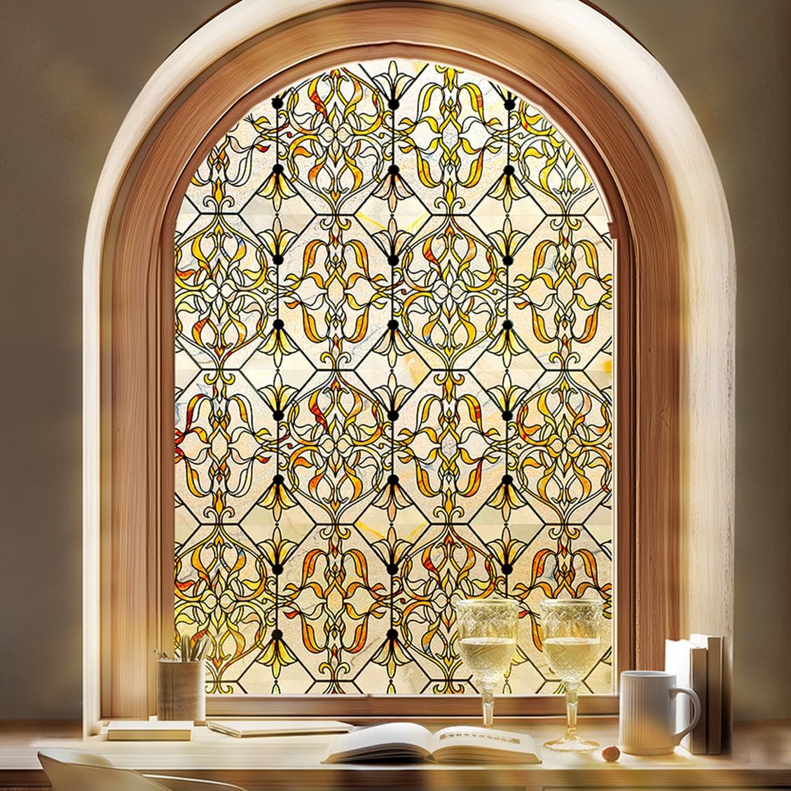 3D Stained Glass Window Privacy Film, Heat Control UV Blocking Static Cling Decorative Window Film for Bathroom,Front Door,Home Non Adhesive 35.4 x 78.7 inches Golden Filigree