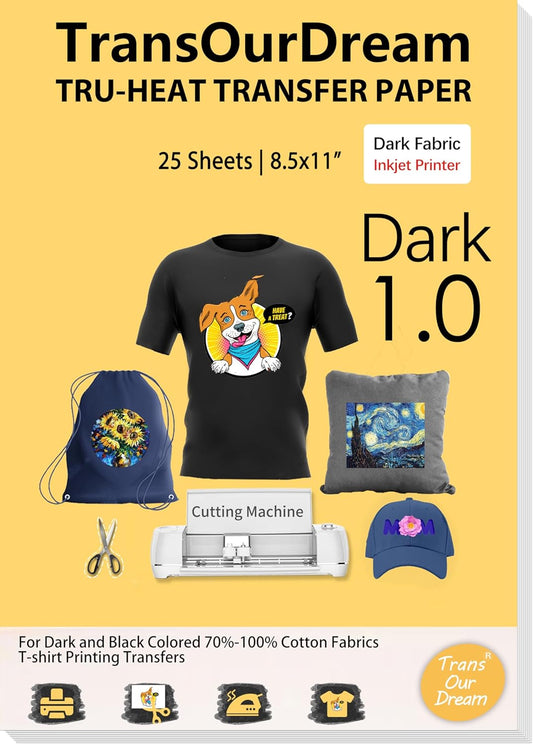 TransOurDream Heat Transfer Paper for Dark T Shirts (25 Sheets, 8.5x11", Dark 1.0) Iron on Transfers Paper for Inkjet Printer Printable Heat Transfer Vinyl for Dark Fabrics