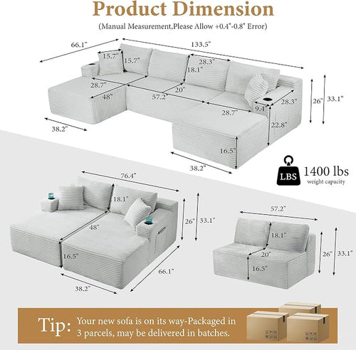133" Sectional Couches for Living Room Cloud Couch Sofa - Image 2