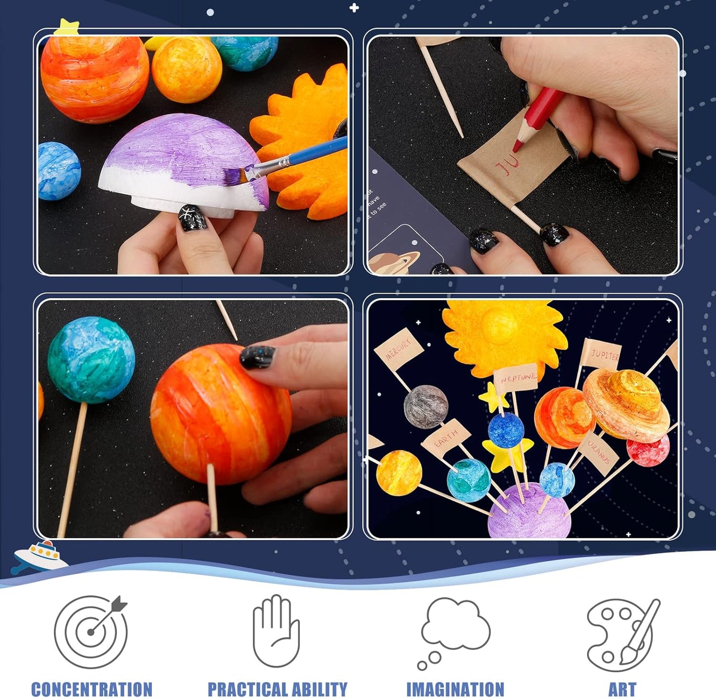 Pllieay 63PCS Solar System Foam Ball Kit Includes Color Pigments, Palette, Mixed Sized Polystyrene Spheres Balls, Toothpick Flag, Painting Brushes, Bamboo Sticks for School Science Projects