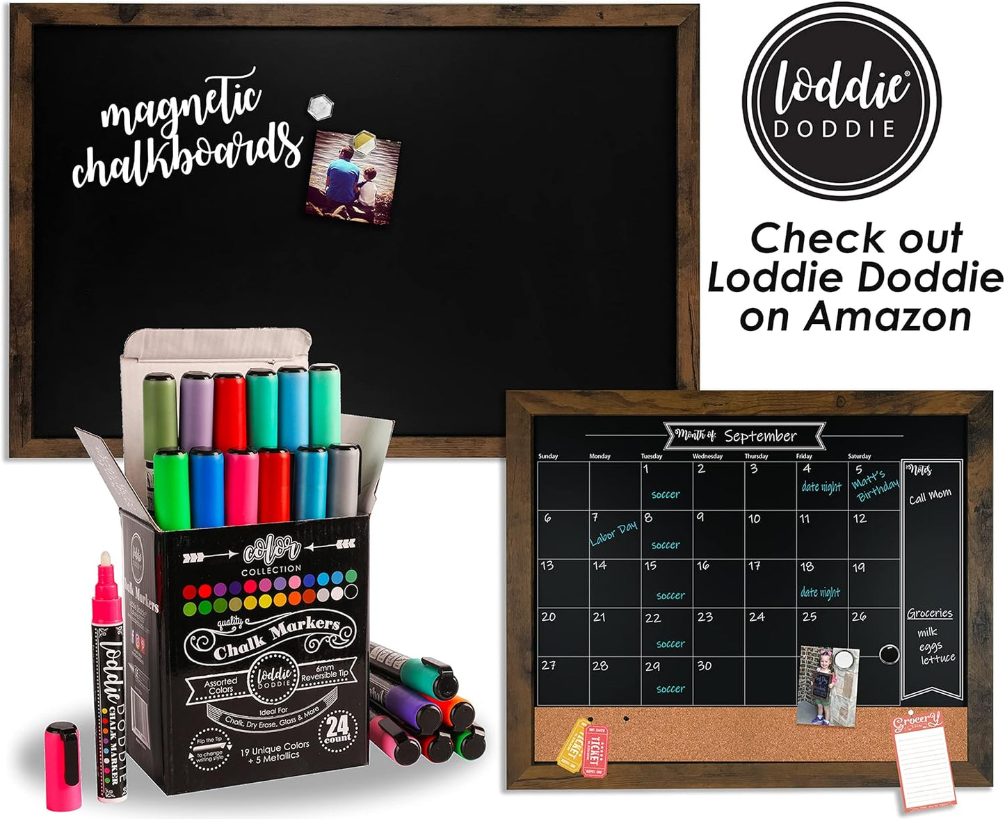 Loddie Doddie Liquid Chalk Marker Set - Pack of 4, Basic Colors, 6mm Tip - Fine-Tip Chalkboard Markers for Blackboard - Washable Window Pens for Glass - Dual Ends for Chalkboard Calendar