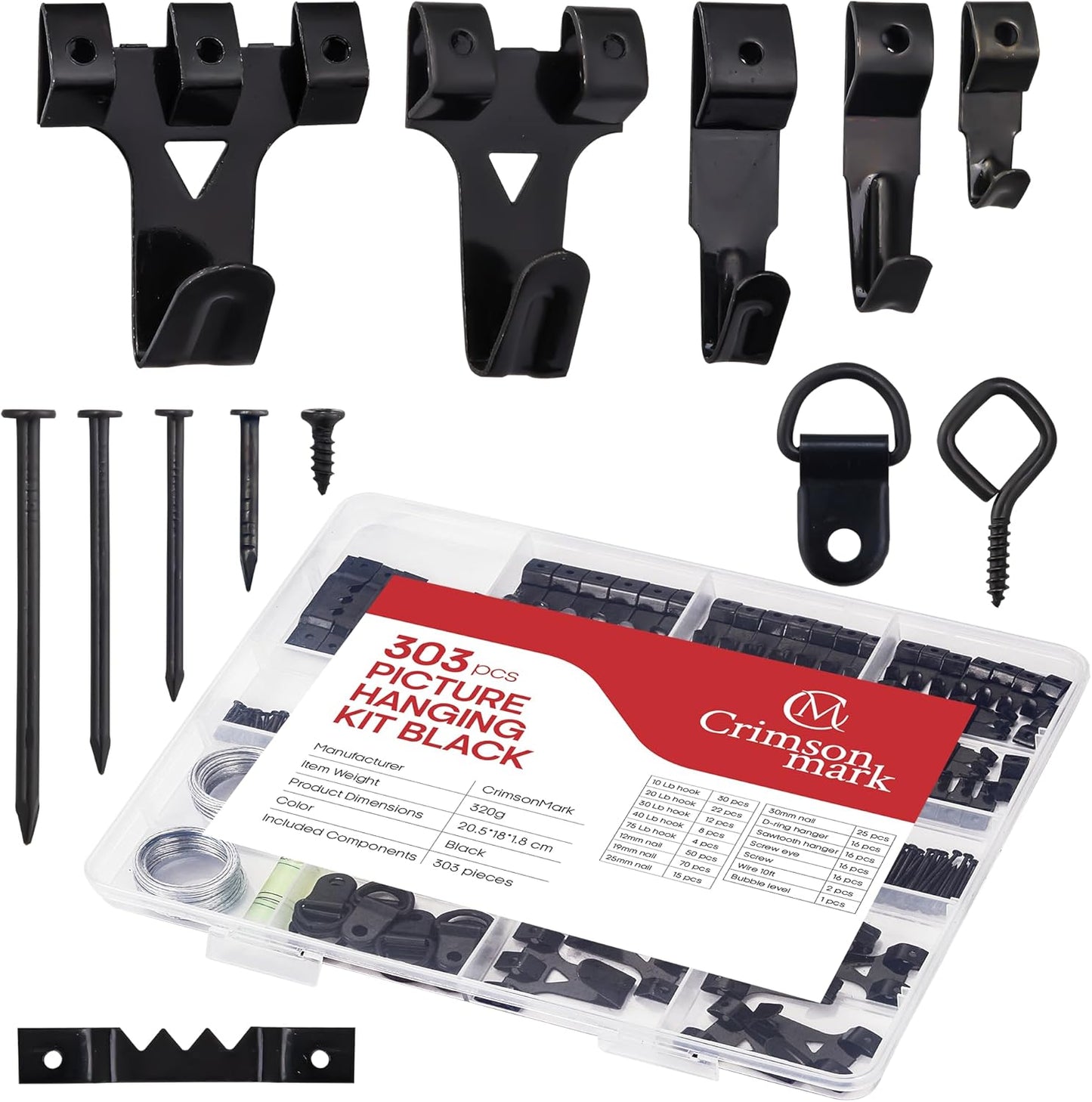 303-Piece Picture Hanging Assortment, Heavy Duty Hooks, Nails, Sawtooth, D-Rings, Wire, Level, and Metal Wall Hooks for Picture Framing and Canvas Mounting (Black)