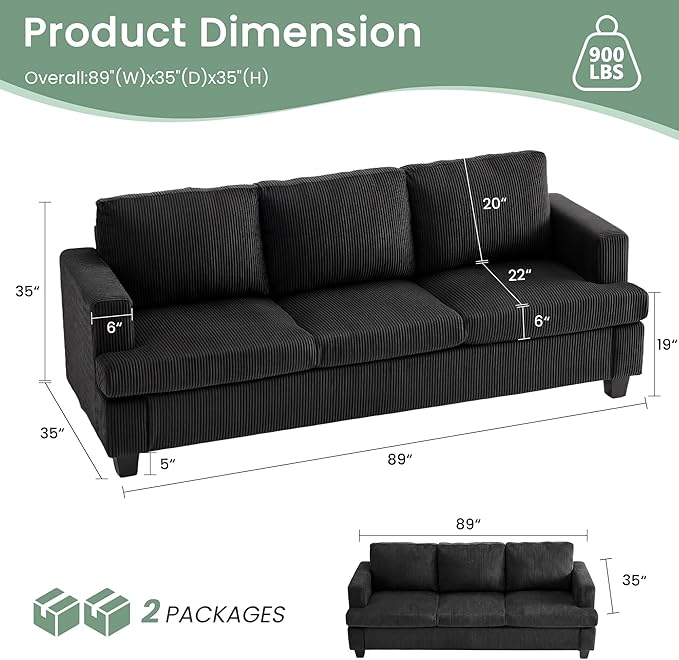 2 Pieces Corduroy Couch Set for Living Room, Deep Seat Floor Couch for Bedroom - Image 3