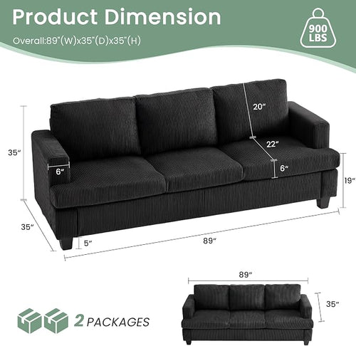 3 Seater Corduroy Couch for Living Room, 89” Black Cloud Sofa, Deep Seat Floor - Image 2