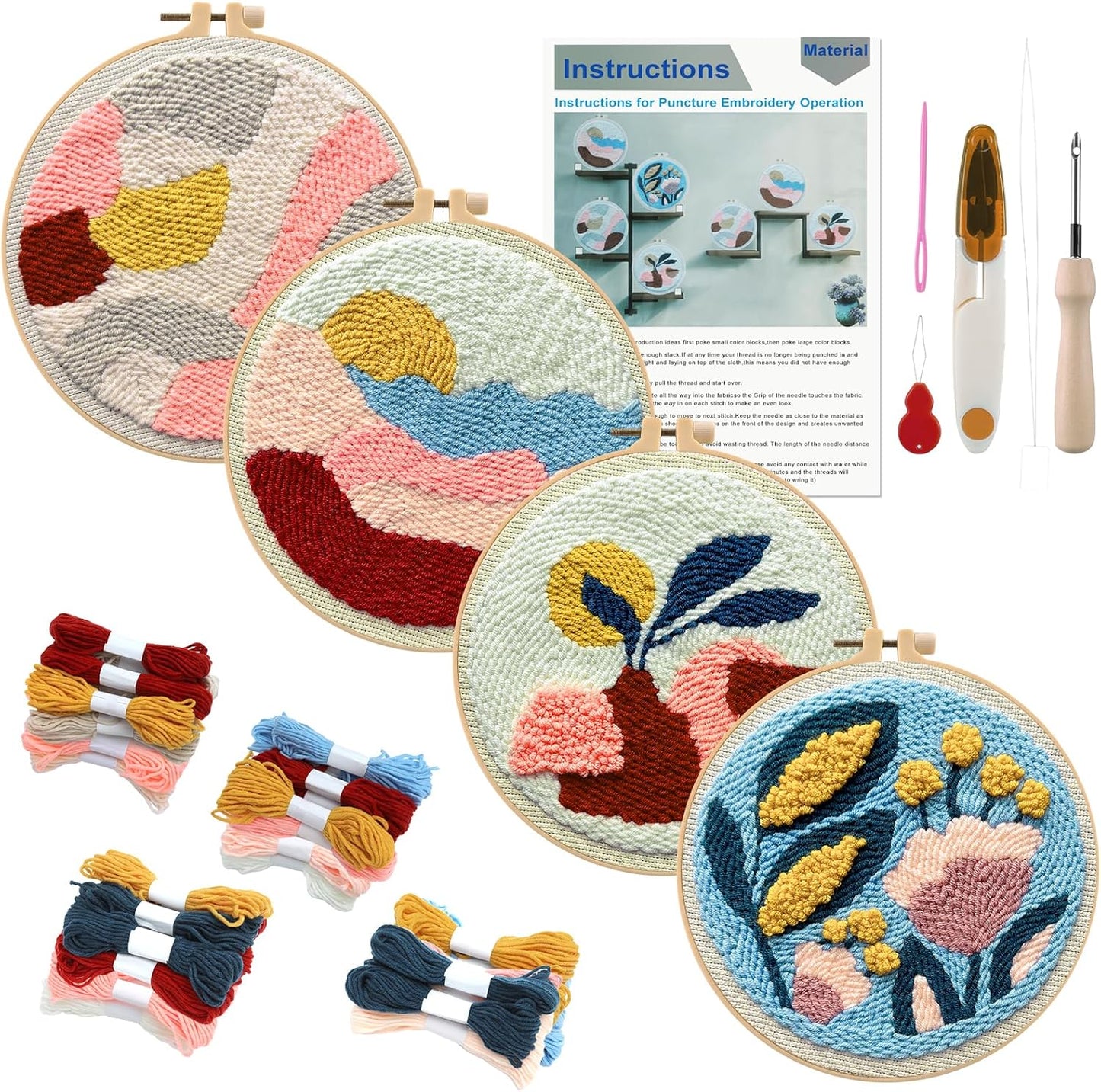 Anidaroel 4 Sets Punch Needle Kit, Punch Needles Kits for Adults Beginner, Needle Punch Kit, Punch Needle Tool with Stamped Fabric, Hoops, Yarns and Sewing Needle