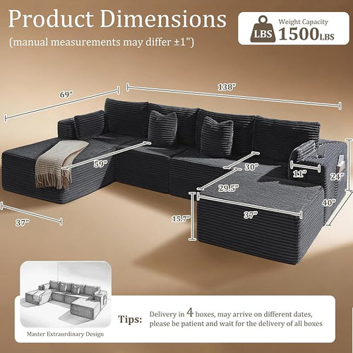 138" Oversized Cloud Sectional Couch, Comfort U Shaped Sofa - Image 2