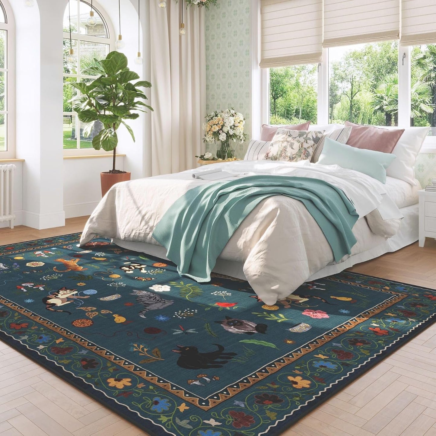 Rugcomf Living Room Rug 5x7 Rug Machine Washable Boho Area Rug Non Slip Floral Animal Cat Vintage Low Pile Large Rugs for Living Room Bedroom Farmhouse Dining Room Kids Playroom, Pearl Gentian Blue
