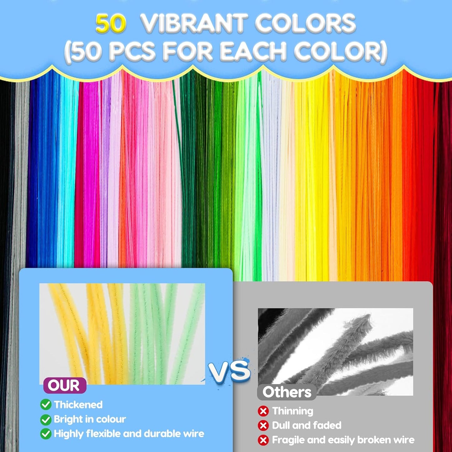 2500PCS Pipe Cleaners Craft, Pipe Cleaners Bulk for Arts and Crafts Supplies Multi-Color Chenille Stems DIY Project Room Decor,Christmas Decorations Creative Toys Gift (12inch*6mm,50colors)
