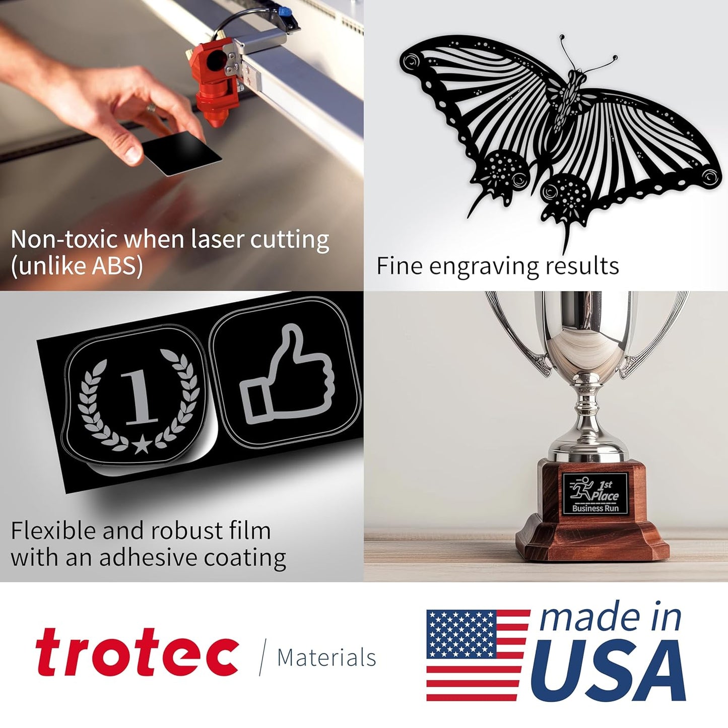 Trotec TroLase Lights | 24"x12"x1/250"(0.1mm thick) | Adhesive-Backed Flexible Laser Engraving Sheet/Film for Decal & Label | Double Color Plastic Sheet for Engraving | Black/Silver | 10pcs