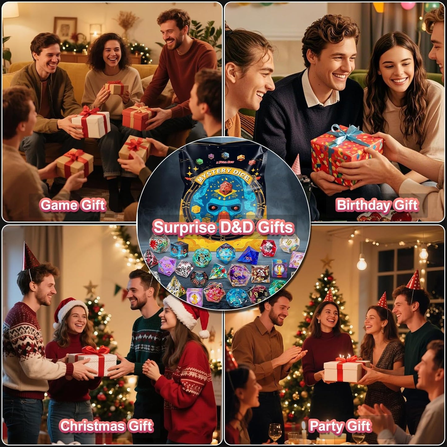 QMAY Resin Mystery Dice Set, 7 Pcs Handmade Sharp Edge Polyhedral Dice, Random Various Styles DND Dice & Dice Bag, DND Gifts, Suitable for Dungeons and Dragons, RPG, MTG,Role Playing Table Game