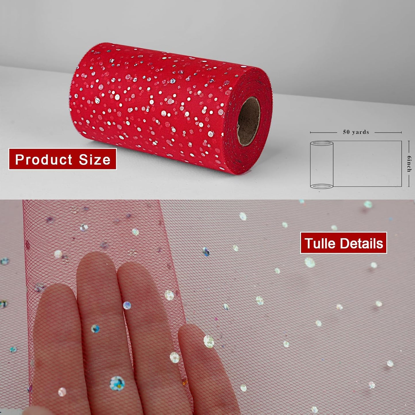 Glitter Tulle Rolls, 6' by 50 Yards (150FT) Sequin Tulle Netting Fabric for Tutu Skirts Sewing Birthday Wedding Party Decoration (Red)