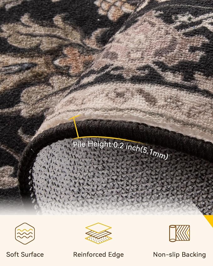 RELEANY Area Rugs Square 6ft Washable Non-Slip, Floral Vintage Distress Print - Image 2