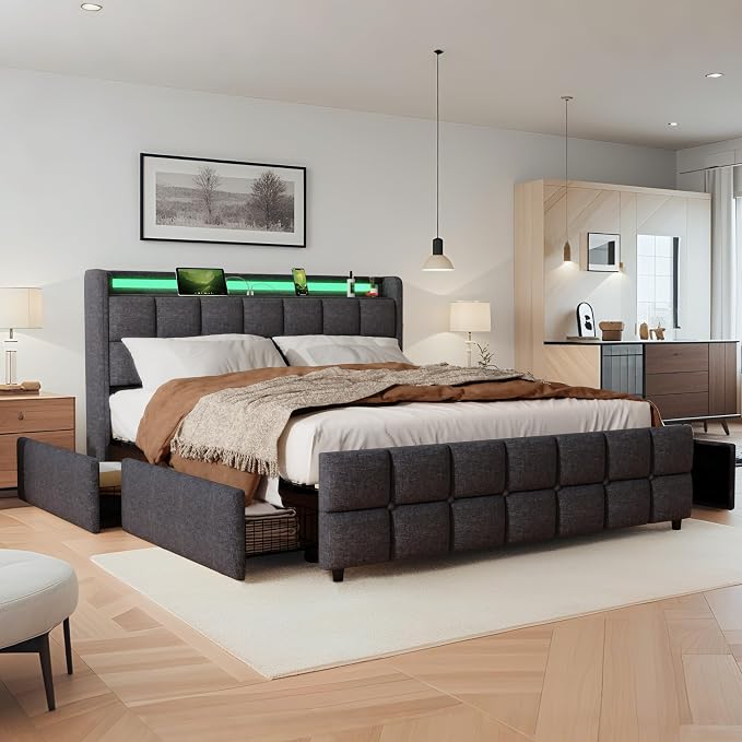 Full Size Bed Base with Multiple Color LED Lighting, Linen Upholstered Bed - Image 5