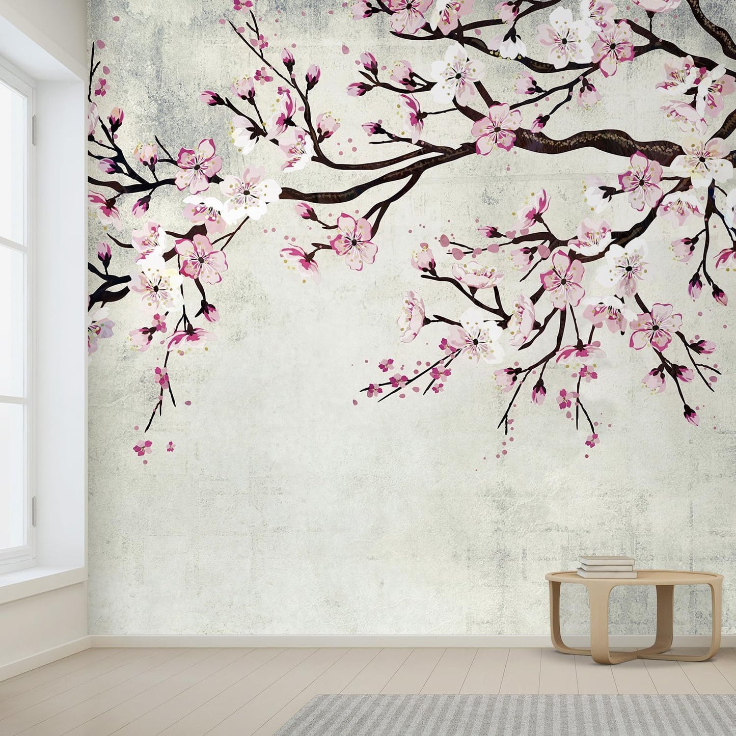 wall26 Wall Sticker/Wall Mural Watercolor Style Ink Painting Pink Cherry Blossom on Vintage, Not Peel and Stick, Non-Woven Wallpaper Decorative for Bedroom, Living Room,Office - 132x120 inches