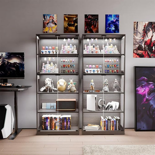 65" Tall Display Case with Glass Doors, Lighted Display Cabinet Bookcase with - Image 2