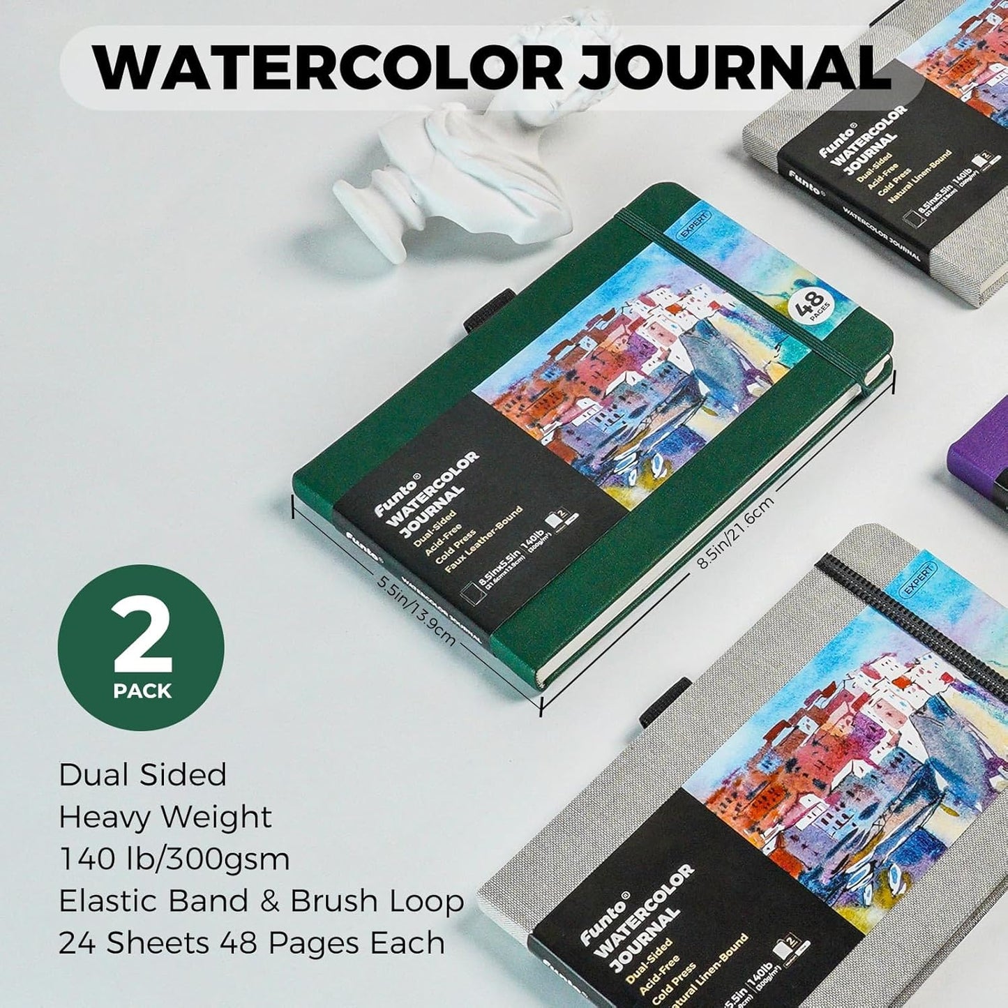 Funto Watercolor Journal, 8.5x5.5, 2 Pack, 48 Pages Each, Green Leather Cover, Cold-Pressed, Inner Paper Pocket, Art Supplies for Mixed Media