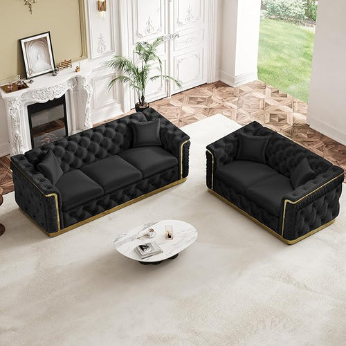 2 Piece Velvet Chesterfield Sofa Luxury Tufted Sofa Black and Gold Couch Set by Nolohoo