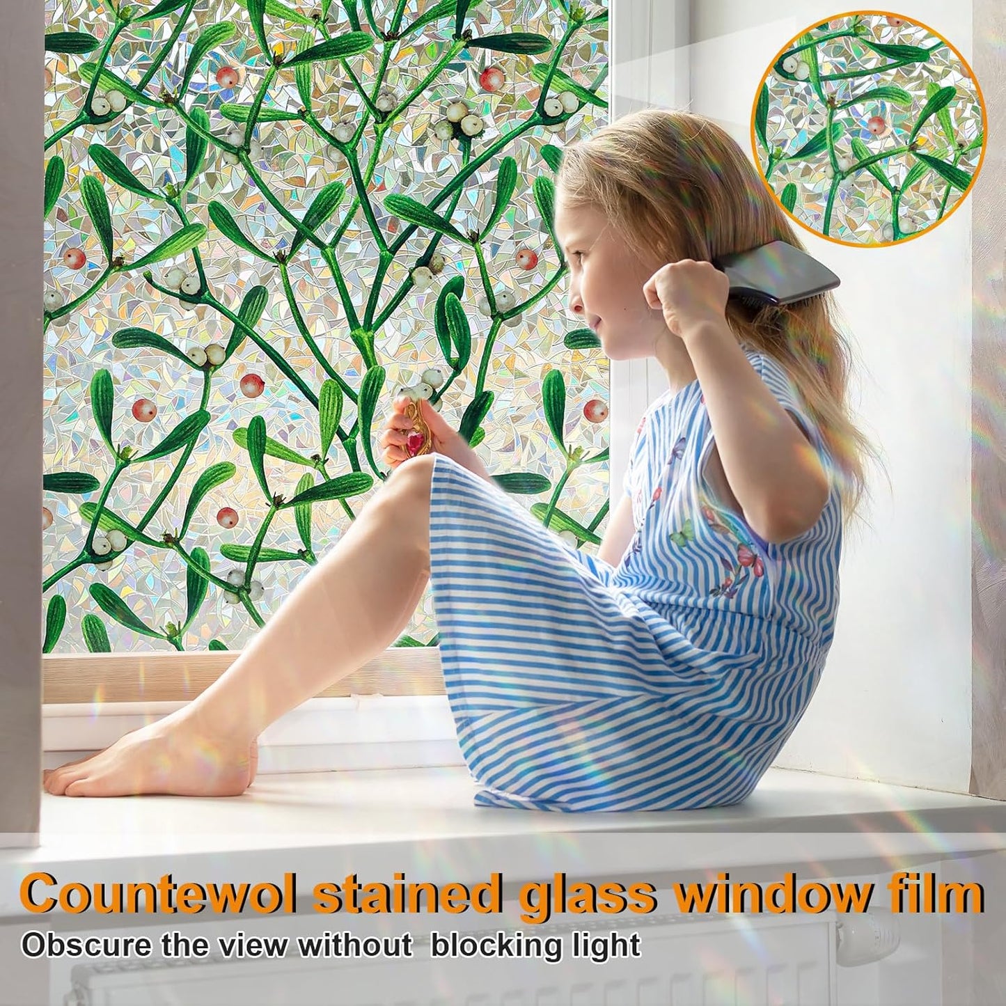 Window Privacy Film Stain Glass Window Film Rainbow Window Film Window clings Non-Adhesive Reusable Decorative for Room (Mistletoe Rainbow, 35.4 x 157.4 in)