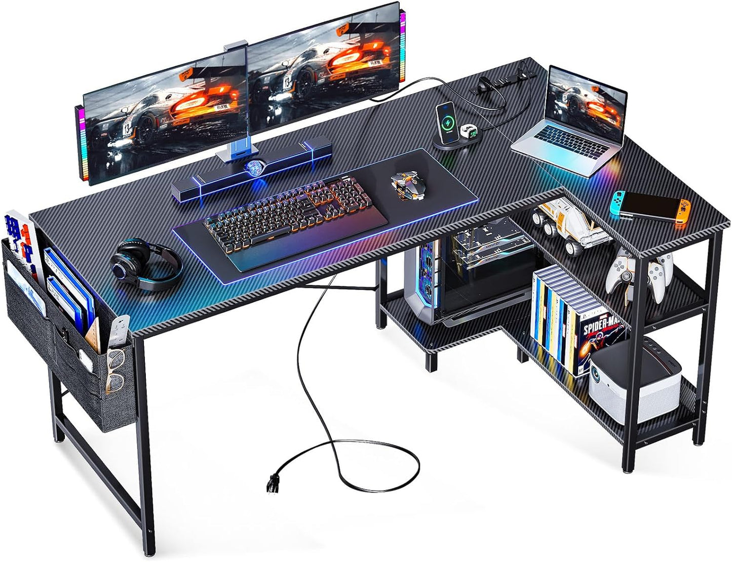 ODK 55 Inch L Shaped Gaming Computer Desk with Power Outlets, Corner Desk with Reversible Storage Shelves & PC Stand for Small Space, Modern Simple Home Office Table, Carbon Fiber Surface, Black