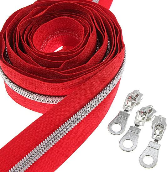 #5 Silver Metallic Nylon Coil Zippers by The Yard Bulk 10 Yards Red Tape with 25pcs Silver Sliders for DIY Sewing Tailor Craft Bag Leekayer(Red)