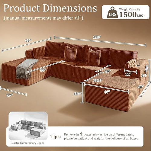 138" Cloud Sectional Couch, Comfort U Shaped Boneless Couch - Image 2