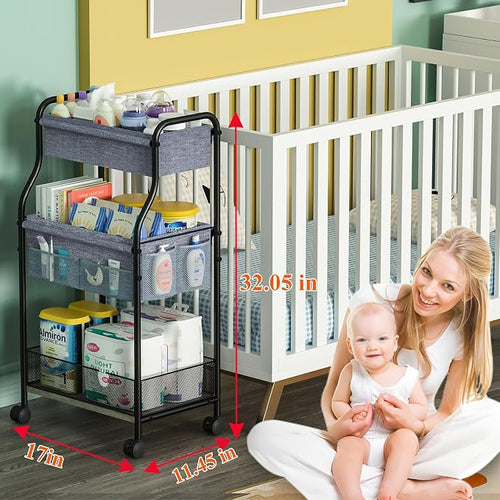 3-Tier Baby Diaper Caddy Organizer and Storage Cart, Mobile Metal Utility Cart - Image 2