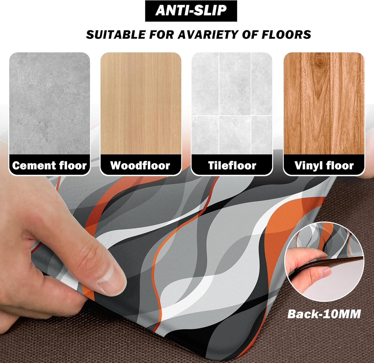 Kitchen Mats for Floor Modern Abstract kitchen rugs Grey and Orange Stripe Anti Fatigue Kitchen Mats Waterproof Floor Mats Cushioned Non-Skid Standing Mats for Kitchen, Set of 2,17.3 x 28+17.3 x 47