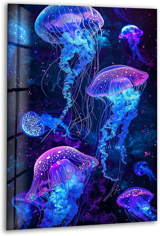 My Photostation.com 32Wx48H'' Glowing Jellyfish Glass Wall Art Tempered Glass Printing Wall Decor Large Wall Art Wall Hangings