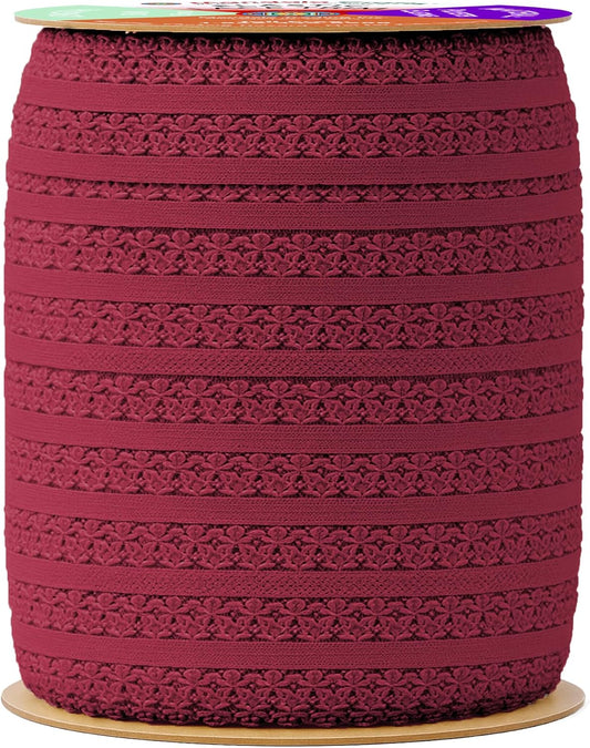 Mandala Crafts Maroon Stretch Lace Soft Elastic Trim Roll - 55 Yards 1 Inch Wide Stretchy Frilly Picot Ribbon for Sewing Lingerie, Headbands, Underwear, and Crafts