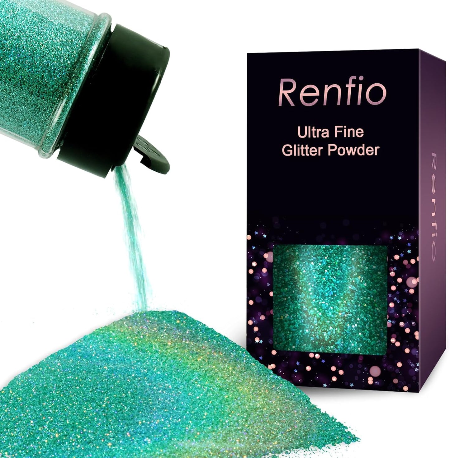 Renfio Holographic Ultra Fine Glitter Powder Metallic Resin Glitter 2.11 Oz (60g) PET Flakes Crafts Sequins 1/128" 0.008" 0.2mm Epoxy Chips Flakes for Tumblers Slime - Laser Mint Blue