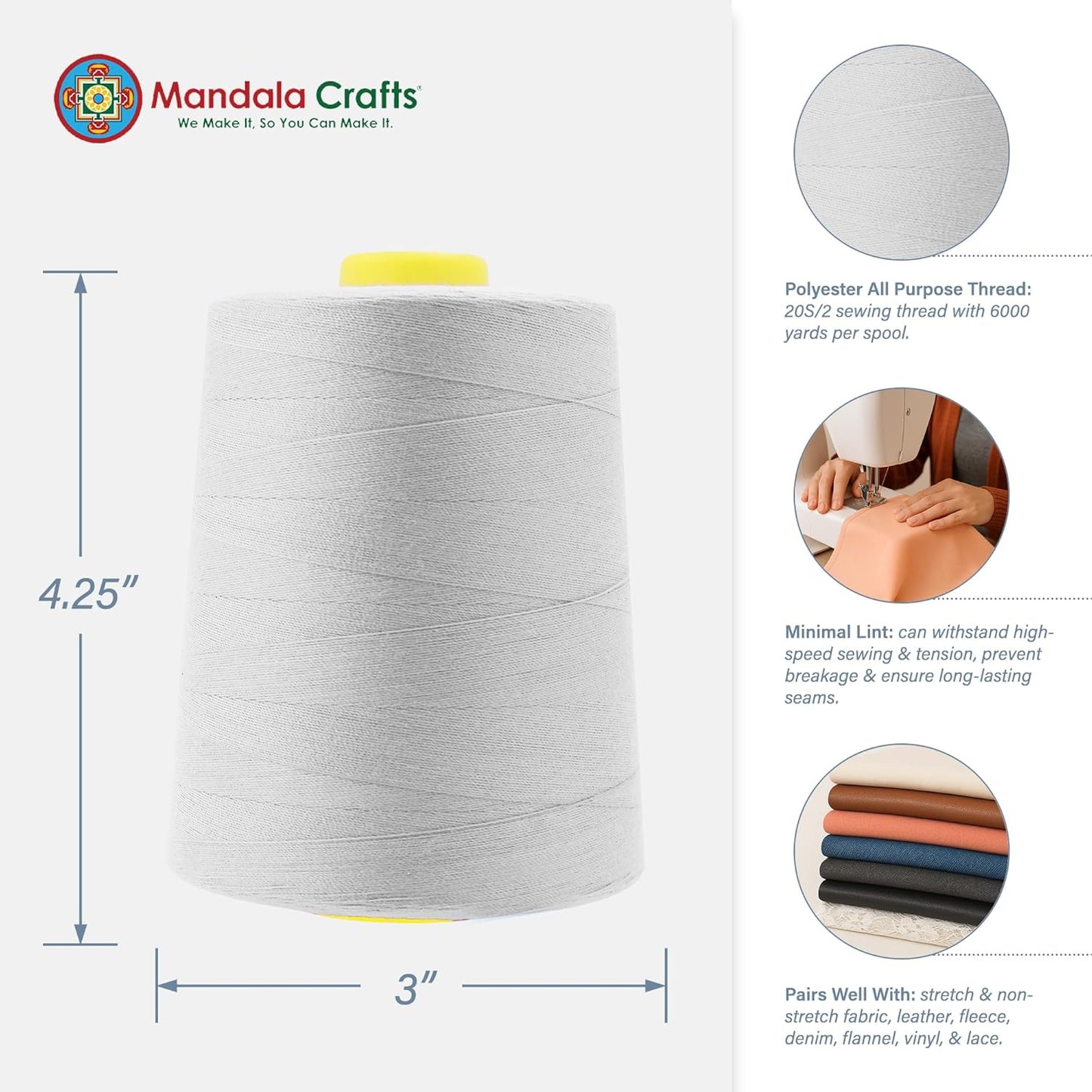 Mandala Crafts 4 Pack of Serger Threads Cones Spools - 20S/2 24000 Yards Polyester Silver Gray Threads for Sergers Machine and Overlock Quilting Sewing Machine