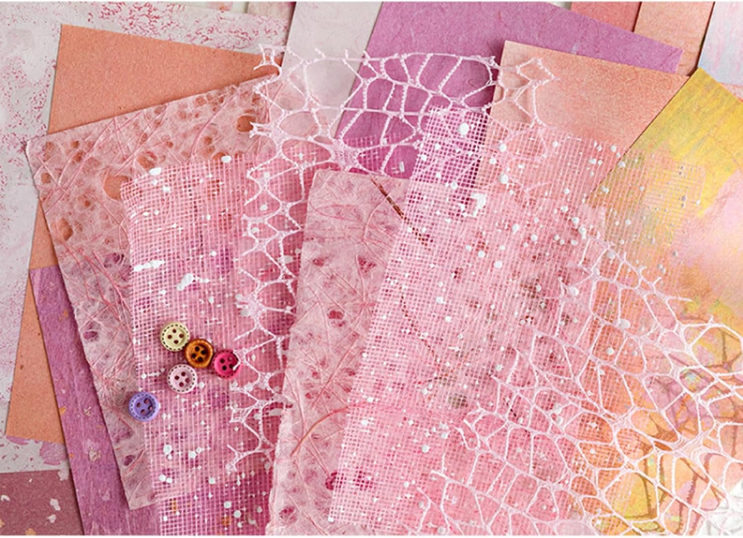 42 Sheets Textured Scrapbook Paper and Mesh Fabric Assorted Set, Junk Journal Supplies Assorted Set, Special Paper for Scrapbooking Materials Card Embellishments 3.9x5.5 Inch (Pink)